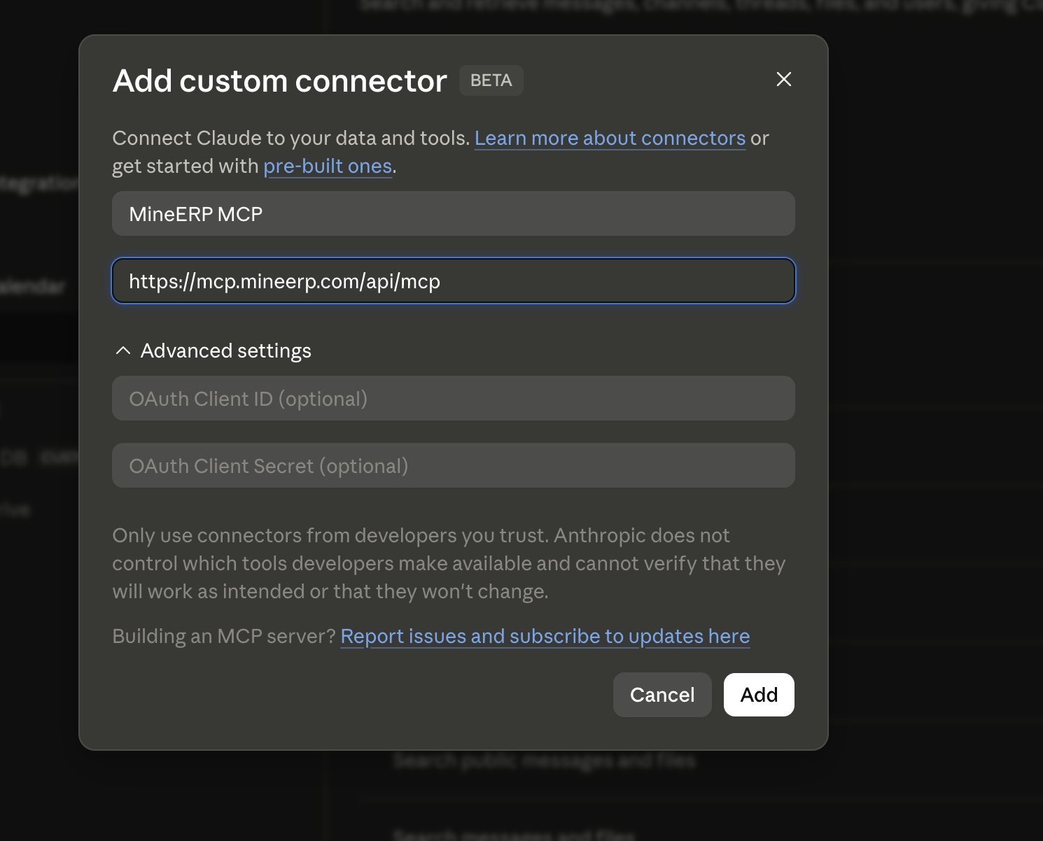 กรอกชื่อและ URL ของ connector